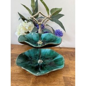 Vintage‎ Blue Mountain Pottery Two-Tiered Serving Tray Green Drip Glaze Retro